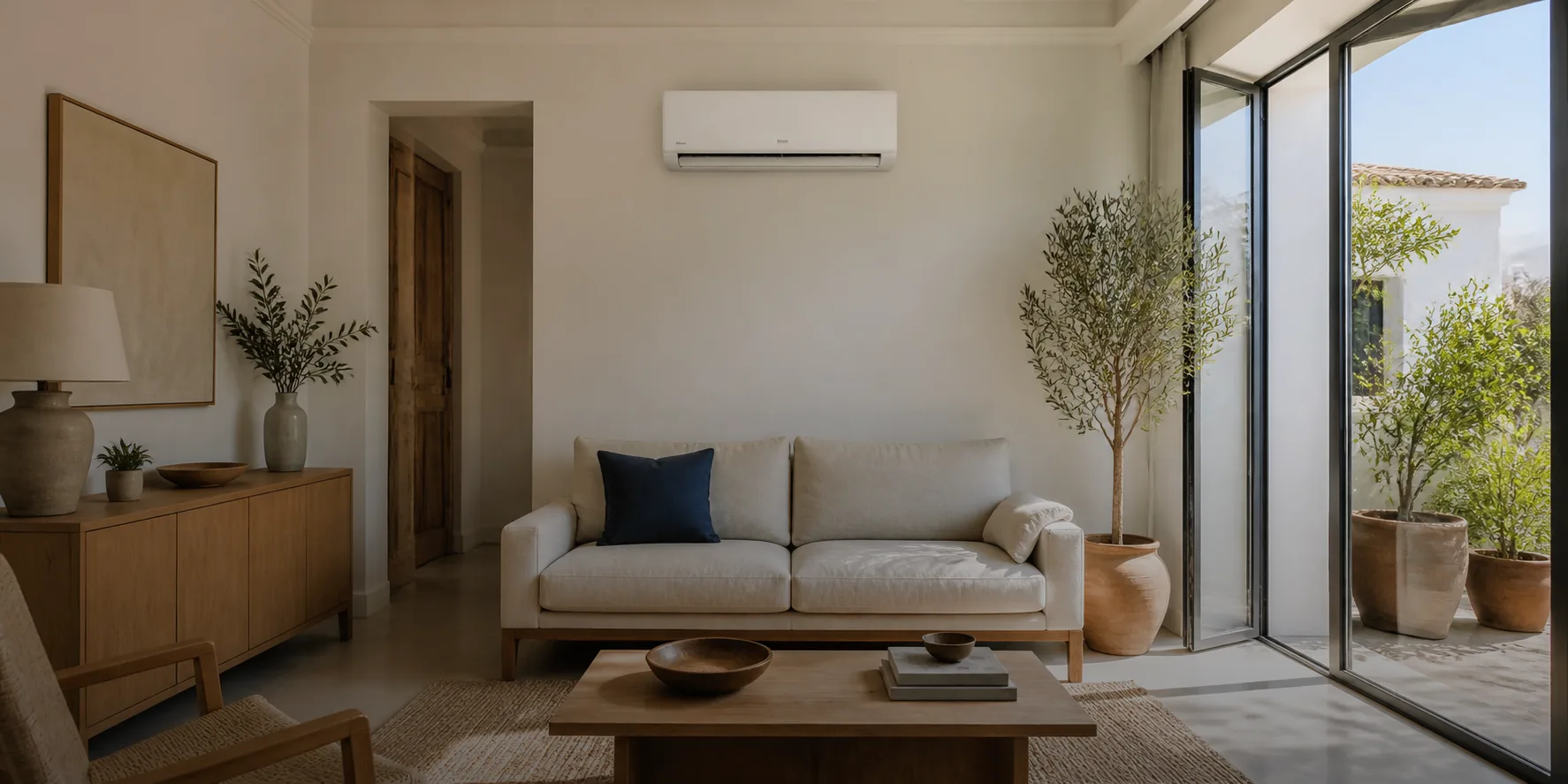 Ilustración de un salón luminoso con climatización y salida a un patio mediterráneo.