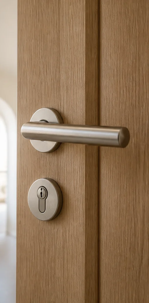 Imagen ilustrativa de una manilla y un bombín instalados en una puerta de madera.